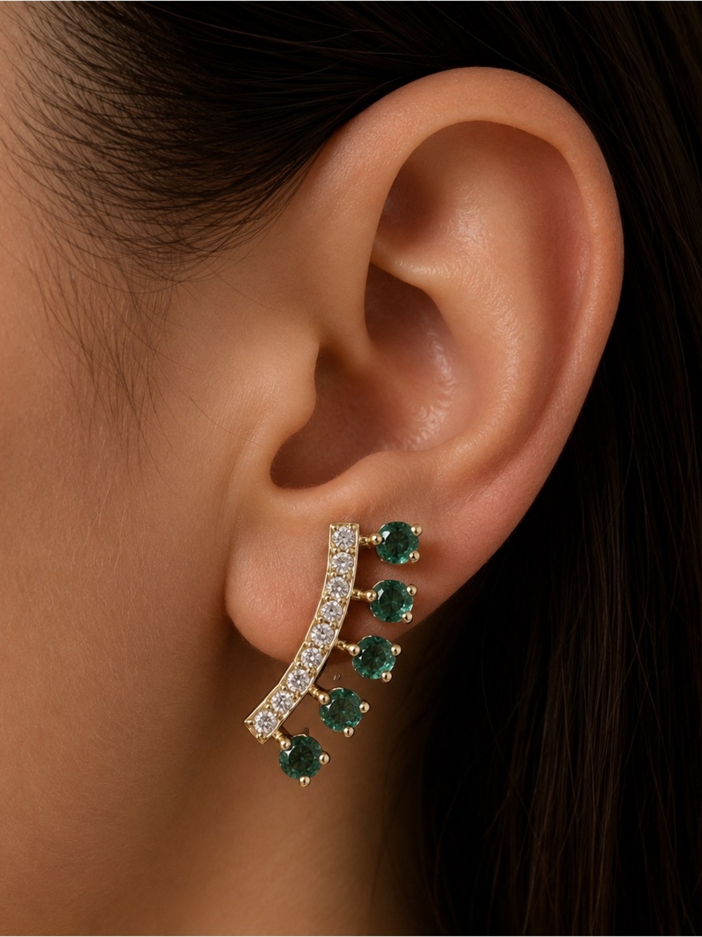 14K Gold Diamond & Emerald Creeper Earrings
